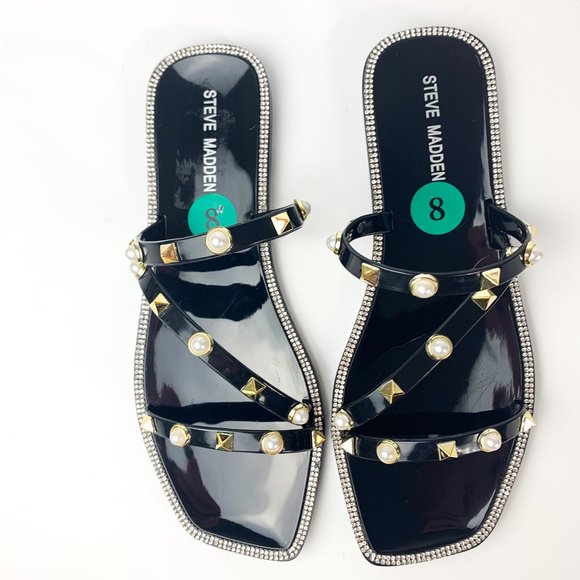 NEW Steve Madden jellah black gold stud pearl detail square toe sandal 8 - Picture 3 of 6